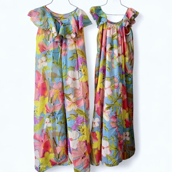 Peignoir Set Floral Miss Elaine 60s Dress Gown Robe Hawaiian Maxi Vintage Rare S - Picture 1 of 11